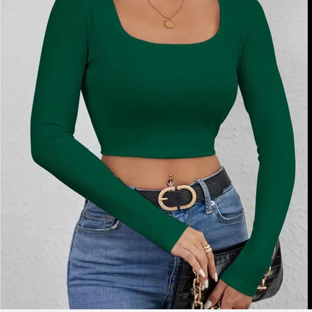 Women's Green Long Sleeve Crop Top